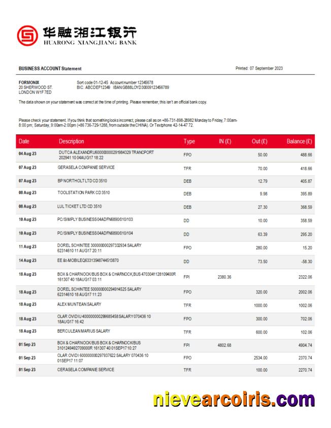 Huarong Xiangjiang Bank company account statement